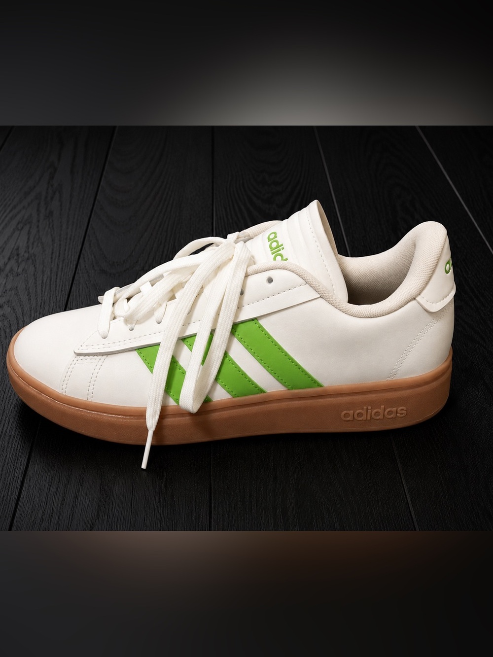 Adidas Originals Grand Court Alpha sneakers with Lime Green Stripes, Gum Sole 10